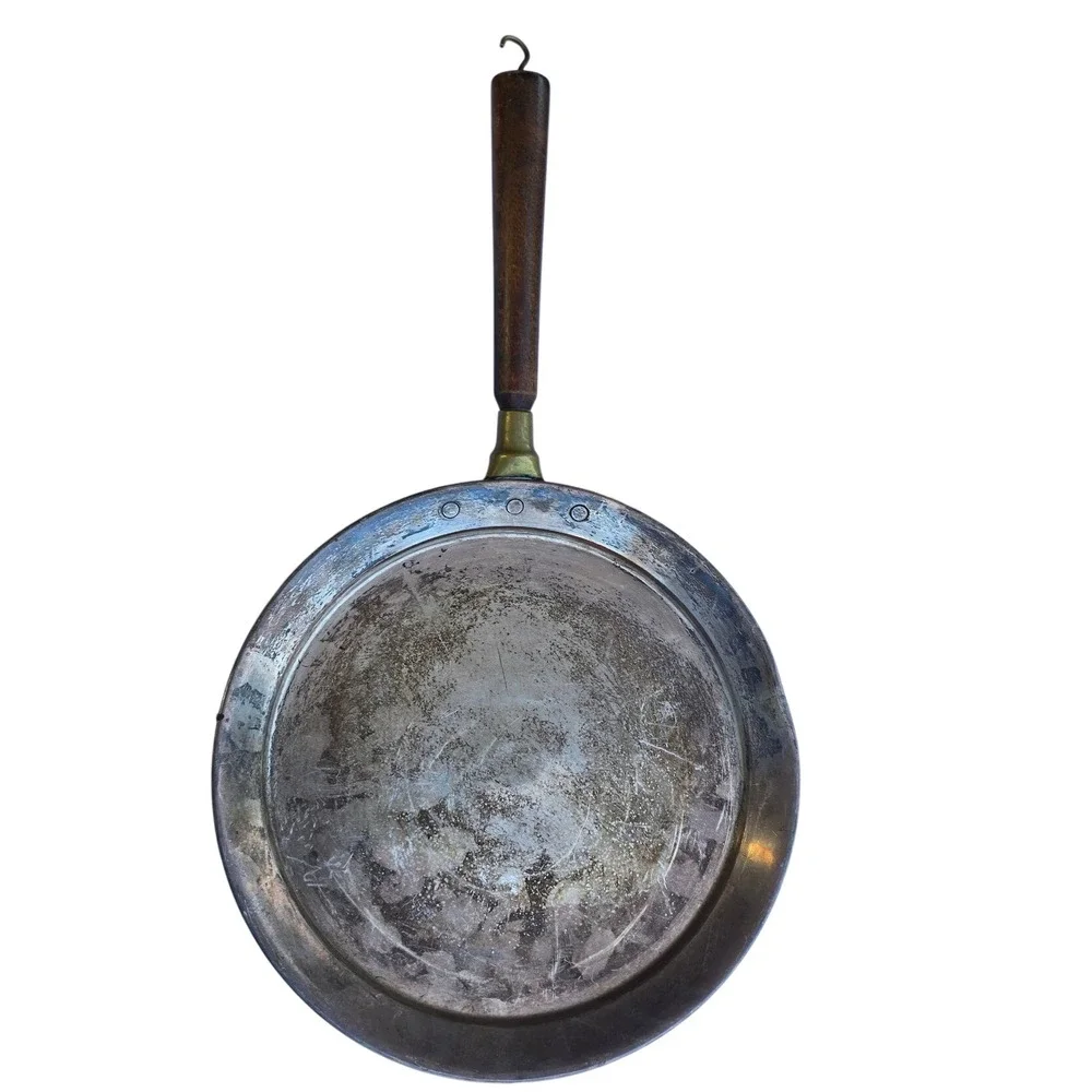 Vintage Tinned Copper Frying Pan 9.5 Inch Skillet Wood Handle Brass Rivets